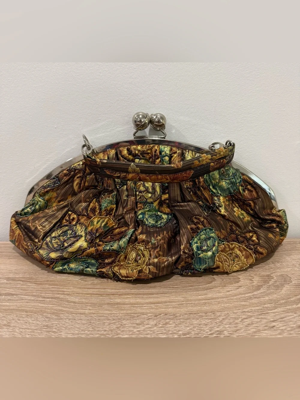 Vtg INS Metallic Brocade Floral Beaded Evening Bag Gold Brown Kiss Lock Clutch